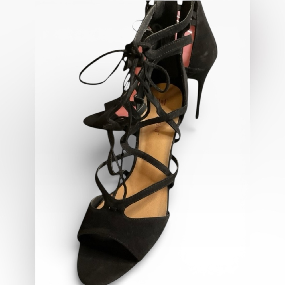 JustFab Black Strappy Faux Suede Heels Size 10 EPOC